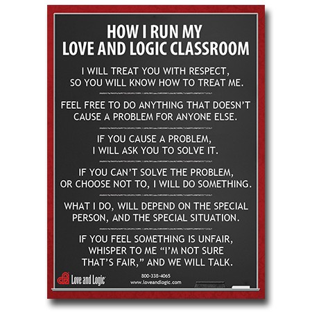 How I run my love and logic classroom. I will treat you with respect, so you will know how to treat me. Feel free to do anything that doesn't cause a problem for anyone else. If you cause a problem, I will ask you to solve it. If you can't solve the problem, or choose not to, I will do something. What I do, will depend on the special person, and the special situation. If you feel someting is unfair, whisper to me "I'm not sure that's fair" and we will talk.